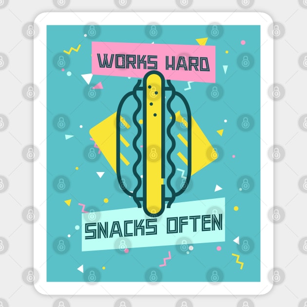 Works Hard, Snacks Often - Hot Dog Edition Sticker by Camp Happy Hour